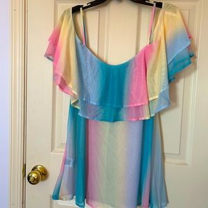 Cold shoulder, mesh, flowy rainbow top with adjustable straps.